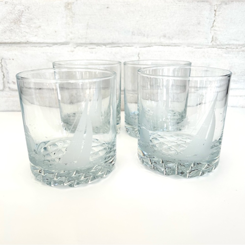 True North Franc Nord Bar Glasses Nautical Sail Boat Frosted Glasses Set of 4